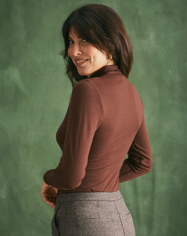 Lemahieu - T-shirt ML col montant Laine Mérinos - Chocolat - Femme