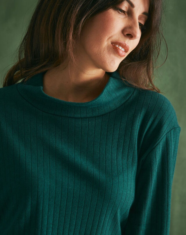 Lemahieu - Top laine et coton col montant  - Vert cyprès - Femme