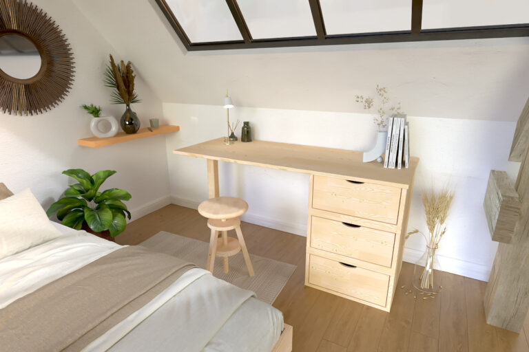 ABC MEUBLES - Bureau bois 3 tiroirs Cube