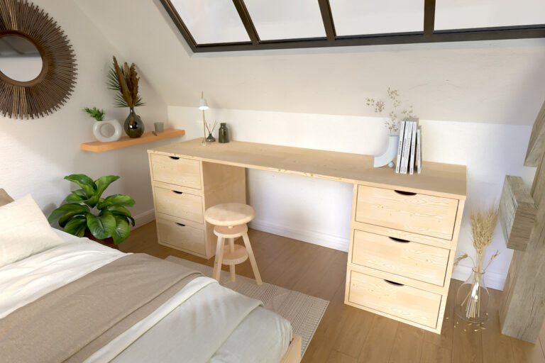 ABC MEUBLES - Bureau bois massif long 6 tiroirs cube
