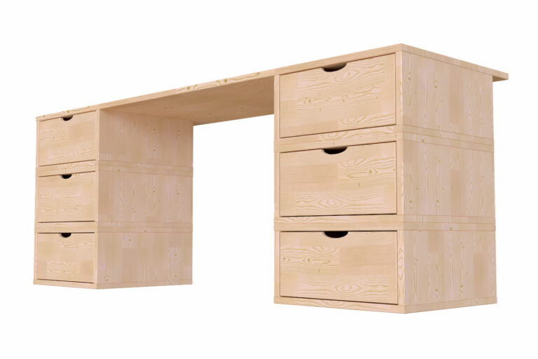 ABC MEUBLES - Bureau bois massif long 6 tiroirs cube