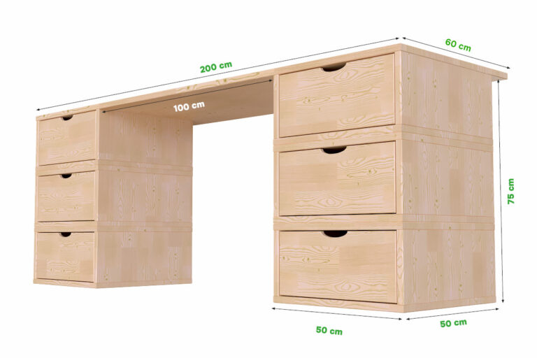 ABC MEUBLES - Bureau bois massif long 6 tiroirs cube