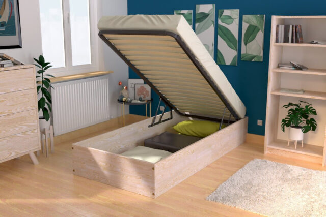 ABC MEUBLES - Lit coffre 90x200 - 1 place bois massif