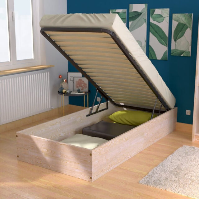 ABC MEUBLES - Lit coffre 90x200 - 1 place bois massif