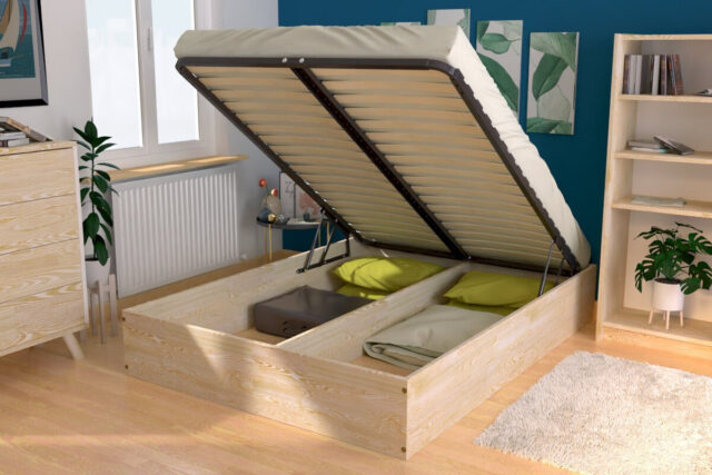 ABC MEUBLES - Lit coffre 2 places bois massif robuste - 160x200