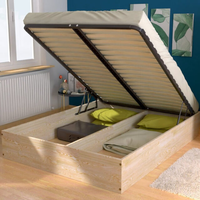 ABC MEUBLES - Lit coffre 2 places bois massif robuste - 140x200