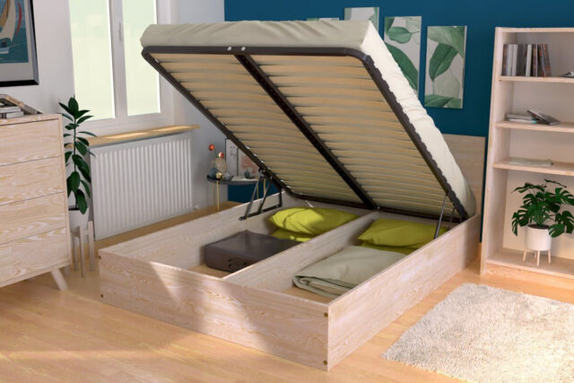 ABC MEUBLES - Lit coffre 2 places avec tête de lit en bois - 160x200