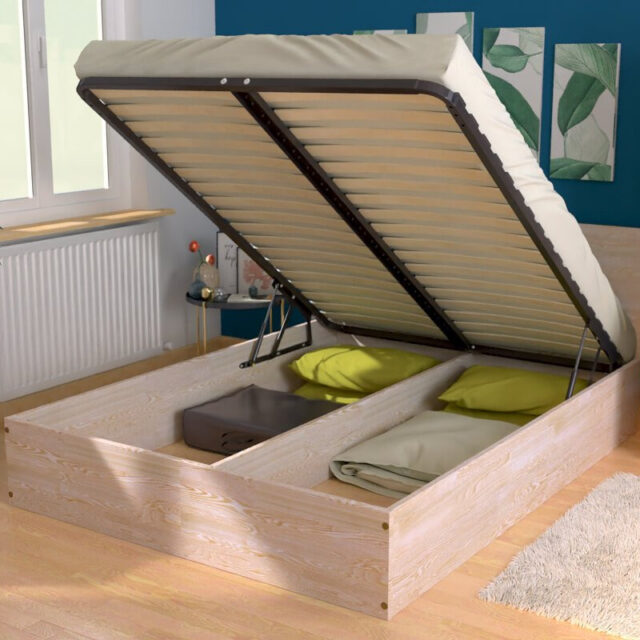 ABC MEUBLES - Lit coffre 2 places en bois avec tête de lit - 140x200