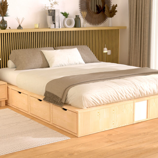 ABC MEUBLES - Lit double avec rangement tiroirs Cube - 160x200