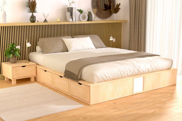 ABC MEUBLES - Lit double avec rangement tiroirs Cube - 160x200