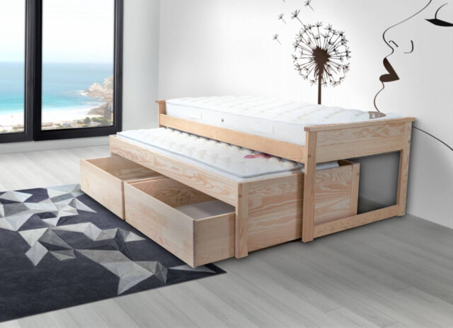 ABC MEUBLES - Lit Gigogne 90x200 Maxi en bois + tiroirs de rangement