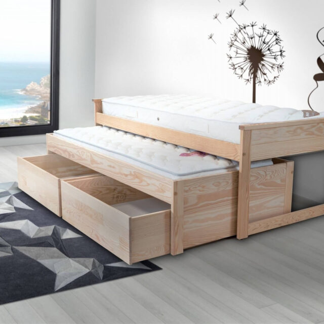 ABC MEUBLES - Lit Gigogne 90x200 Maxi en bois + tiroirs de rangement