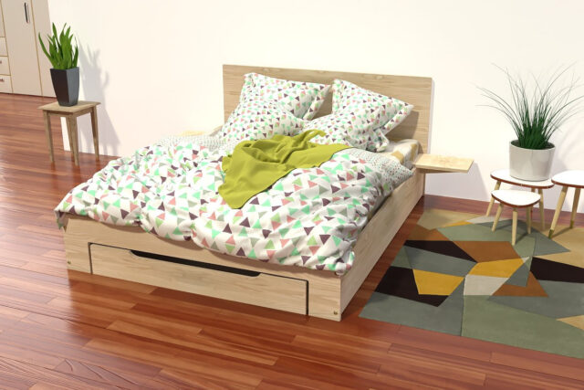 ABC MEUBLES - Lit 2 places 160x200 Happy bois avec tiroir et chevets amovibles