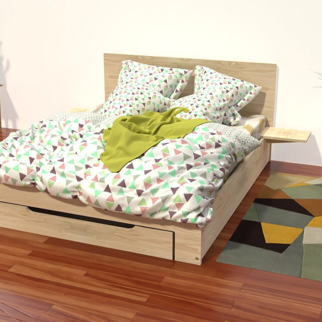 ABC MEUBLES - Lit 2 places 160x200 Happy bois avec tiroir et chevets amovibles