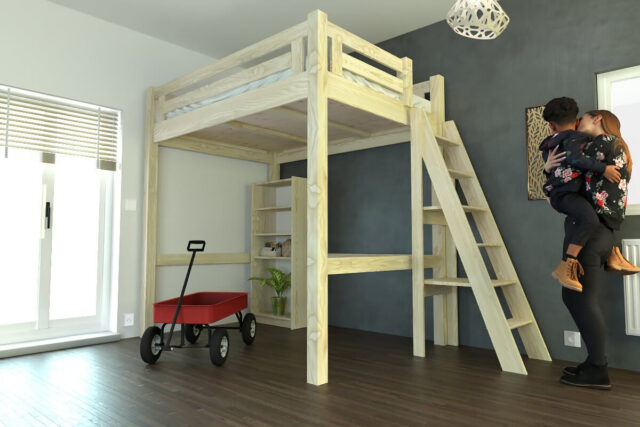 ABC MEUBLES - Lit Mezzanine adulte 120x200 bois + échelle hauteur réglable Alpage