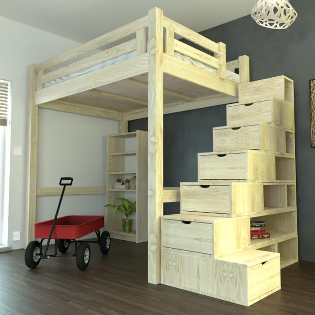 ABC MEUBLES - Lit Mezzanine adulte bois 140x200 Alpage hauteur réglable + escalier cube