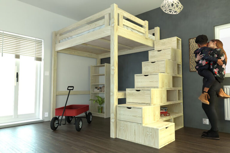 ABC MEUBLES - Lit Mezzanine adulte bois 140x200 Alpage hauteur réglable + escalier cube