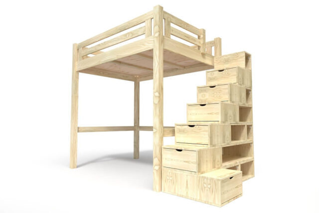 ABC Meubles - Lit Mezzanine adulte bois 120×200 Alpage hauteur réglable + escalier cube