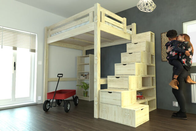ABC MEUBLES - Lit Mezzanine adulte bois 120x200 Alpage hauteur réglable + escalier cube