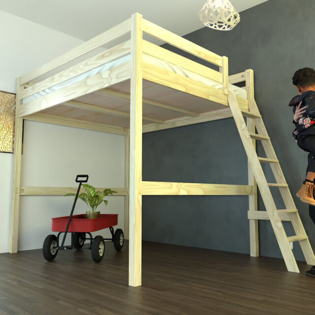 ABC MEUBLES - Lit mezzanine 2 places bois Sylvia 160x200 échelle inclinée