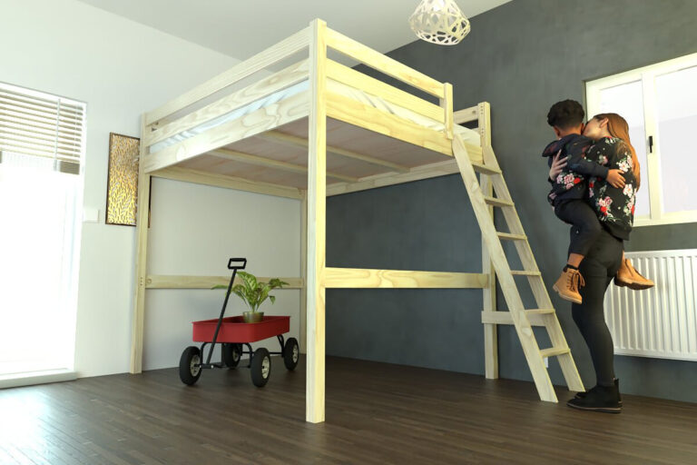 ABC MEUBLES - Lit mezzanine 2 places bois Sylvia 160x200 échelle inclinée