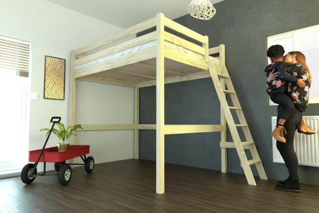 ABC MEUBLES - Lit mezzanine 2 places bois Sylvia 140x200 échelle inclinée