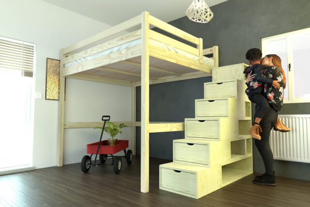 ABC MEUBLES - Lit Mezzanine bois 160x200 avec escalier cube Sylvia