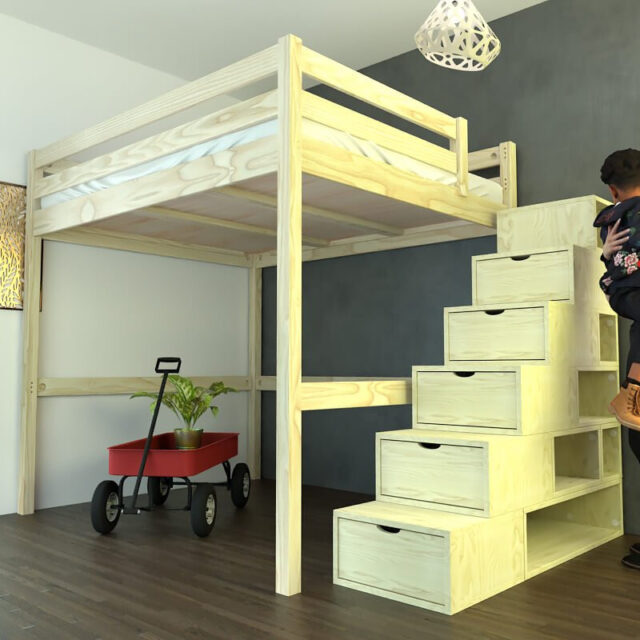 ABC MEUBLES - Lit Mezzanine bois 160x200 avec escalier cube Sylvia