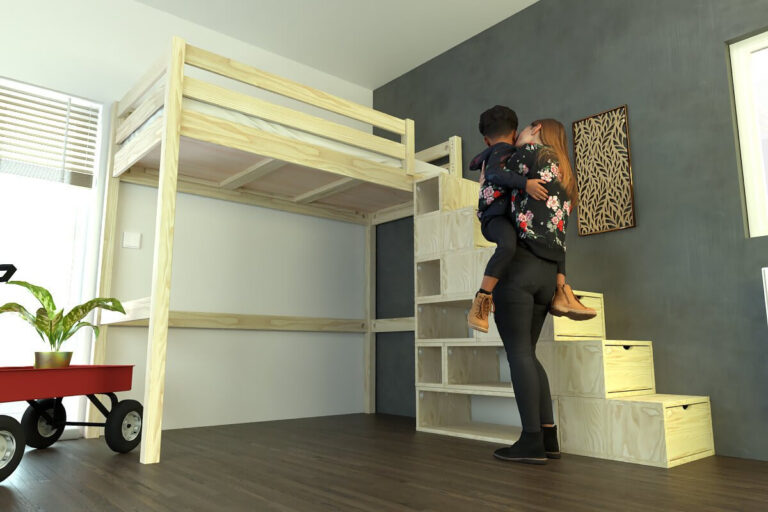 ABC MEUBLES - Lit mezzanine bois 90x200 Sylvia avec escalier cube