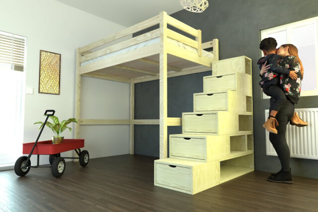 ABC MEUBLES - Lit mezzanine bois 120x200 Sylvia avec escalier cube