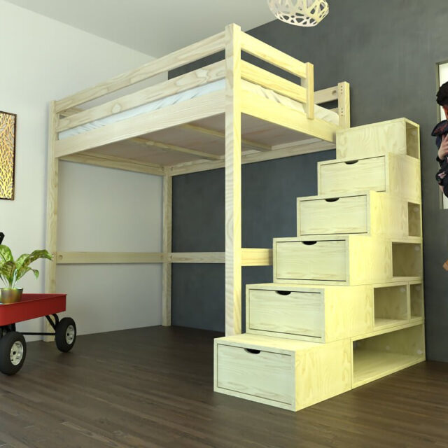 ABC MEUBLES - Lit mezzanine bois 120x200 Sylvia avec escalier cube