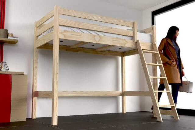 ABC MEUBLES - Lit mi-hauteur 90x200 bois ABC avec échelle inclinée