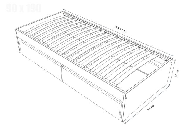 ABC MEUBLES - Lit 90x190 simple avec tiroirs de rangement Malo