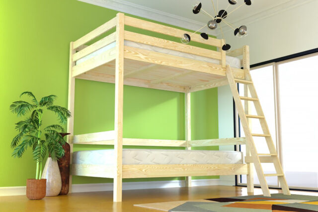 ABC MEUBLES - Lit superposé adulte 120x200 double 2 places échelle bois Sylvia