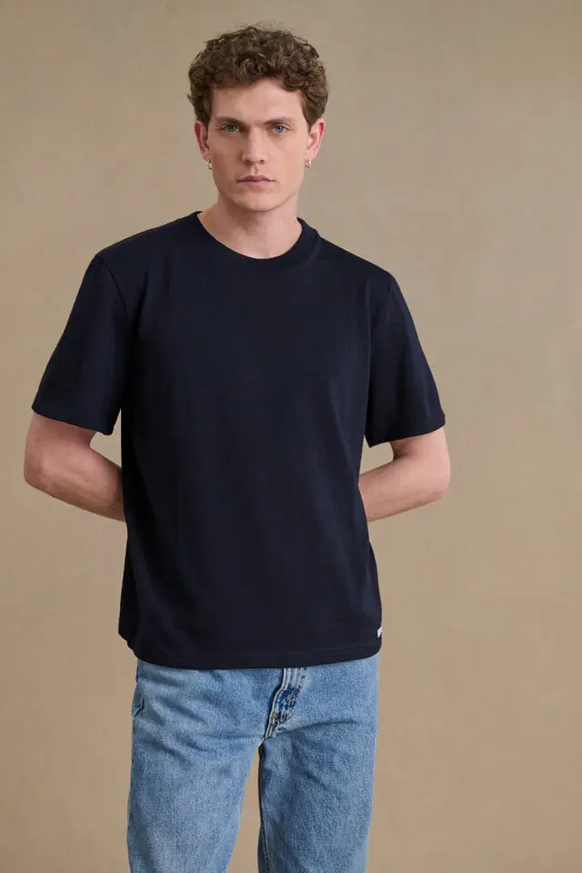 Le Minor - T-shirt bleu marine à manches courtes en laine mérinos pour homme