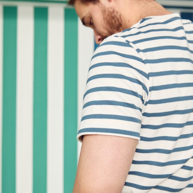 Lemahieu - Marinière Rayure Bleu pétrole / Ecru - Col rond - Blanc - Homme