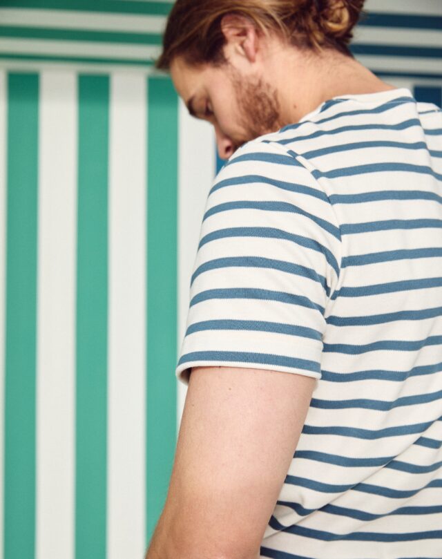 Lemahieu - Marinière Rayure Bleu pétrole / Ecru - Col rond - Blanc - Homme