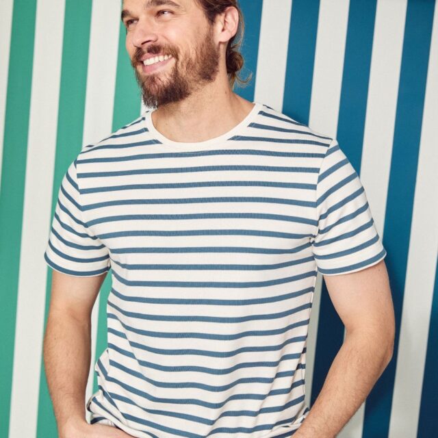 Lemahieu - Marinière Rayure Bleu pétrole / Ecru - Col rond - Blanc - Homme