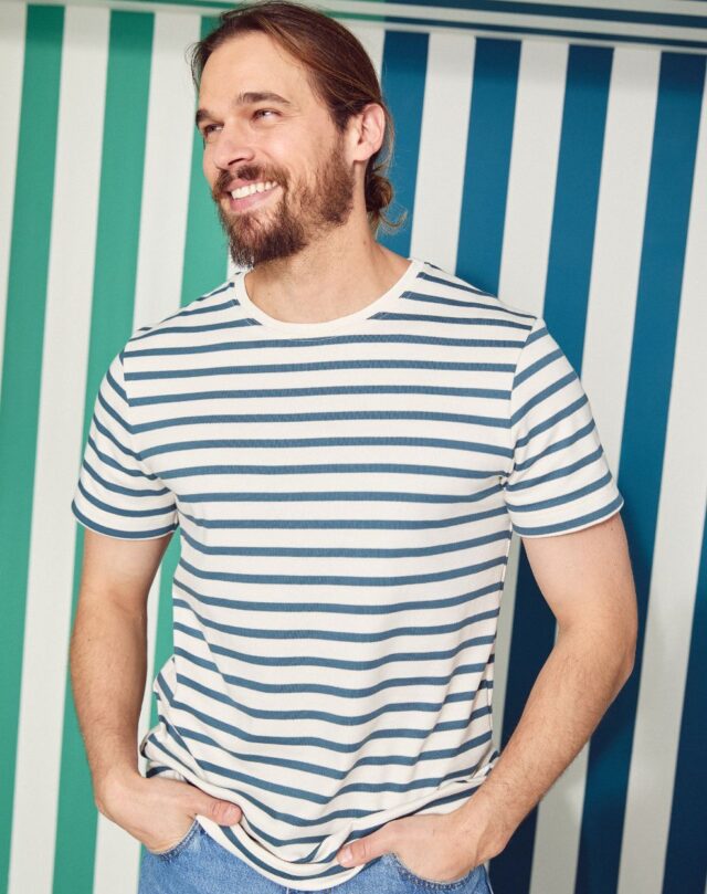 Lemahieu - Marinière Rayure Bleu pétrole / Ecru - Col rond - Blanc - Homme