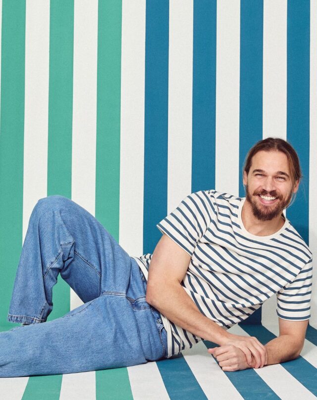 Lemahieu - Marinière Rayure Bleu pétrole / Ecru - Col rond - Blanc - Homme