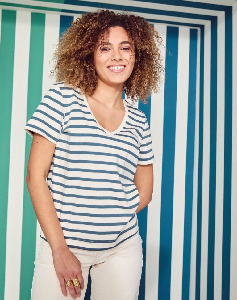 Lemahieu - Marinière - Rayure Bleu pétrole / Ecru - Col V - Blanc - Femme