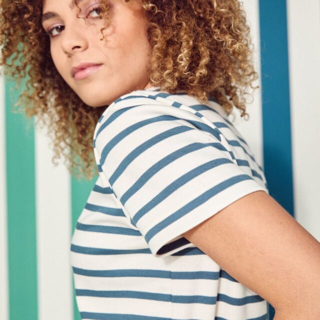 Lemahieu - Marinière - Rayure Bleu pétrole / Ecru - Col V - Blanc - Femme