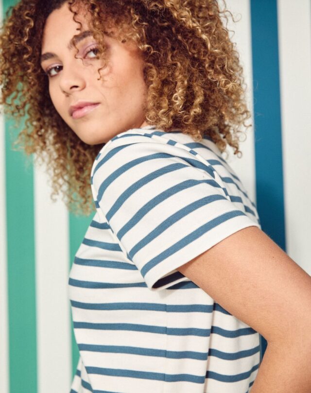 Lemahieu - Marinière - Rayure Bleu pétrole / Ecru - Col V - Blanc - Femme