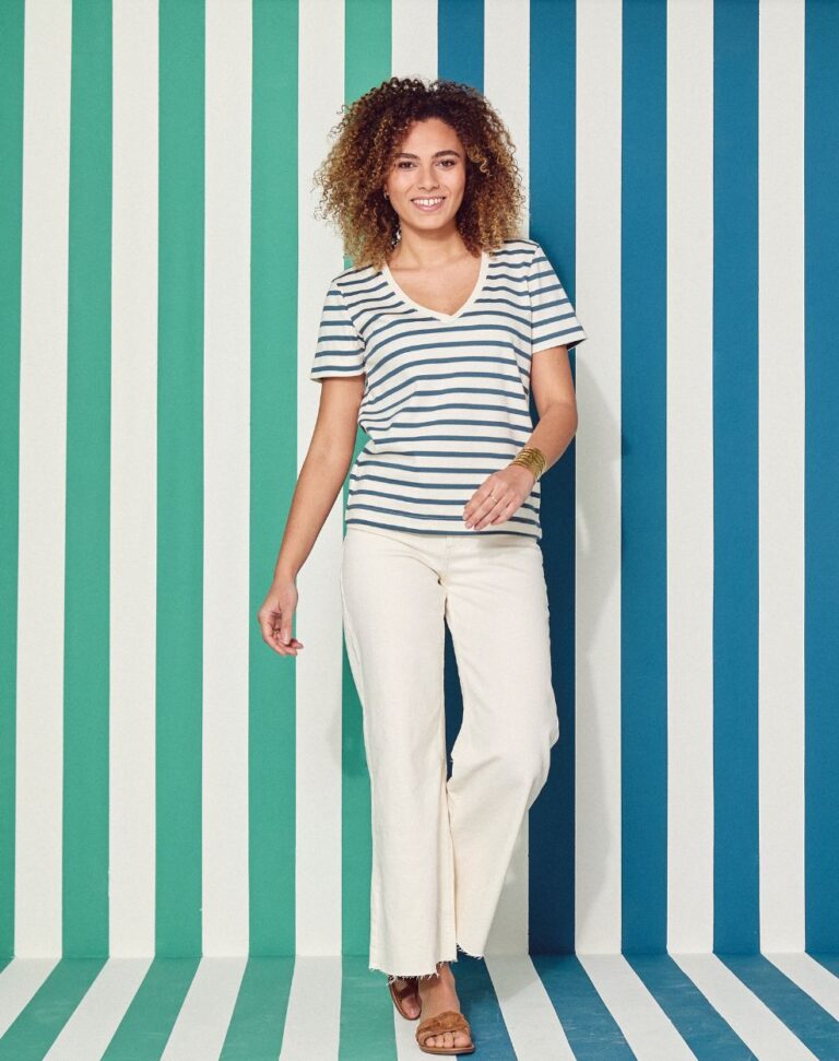 Lemahieu - Marinière - Rayure Bleu pétrole / Ecru - Col V - Blanc - Femme