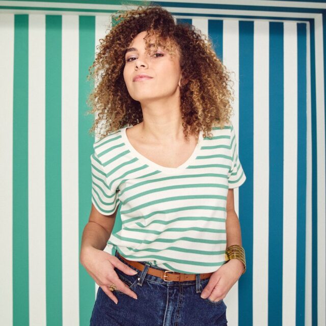 Lemahieu - Marinière - Rayure Vert menthe / Ecru - Col V - Blanc - Femme