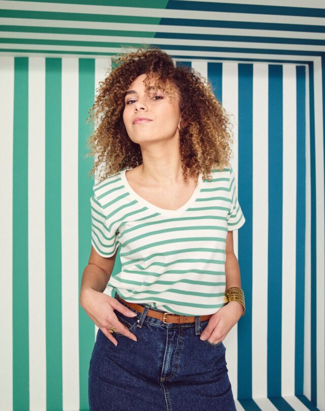 Lemahieu - Marinière - Rayure Vert menthe / Ecru - Col V - Blanc - Femme