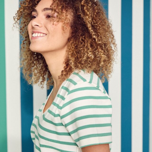 Lemahieu - Marinière - Rayure Vert menthe / Ecru - Col V - Blanc - Femme