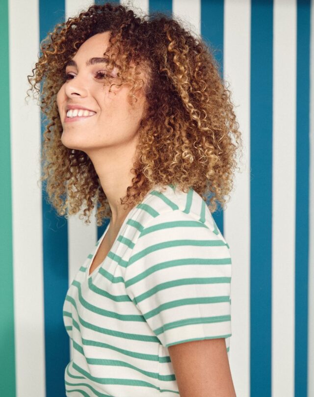 Lemahieu - Marinière - Rayure Vert menthe / Ecru - Col V - Blanc - Femme