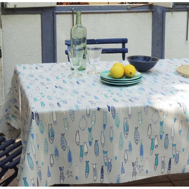 Fleur de Soleil - Nappe enduite ronde ou ovale Poissons océan