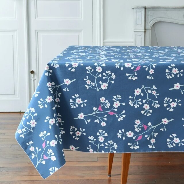 Fleur de Soleil - Nappe enduite ronde ou ovale Cerisier Pétrole